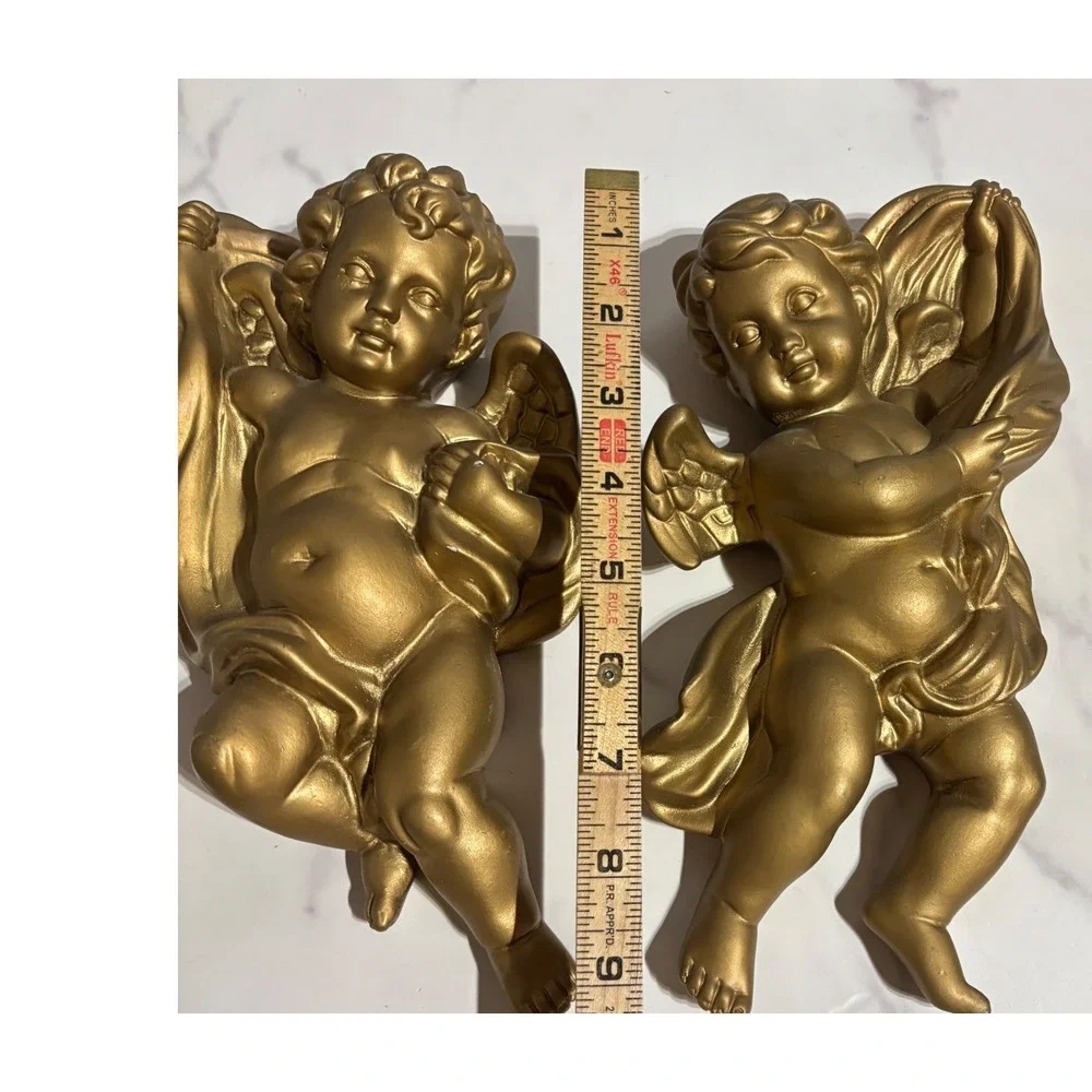 Vintage Gold Cherub Wall Decor Pair 9 Inch Angels Hanging Statues Set of 2
